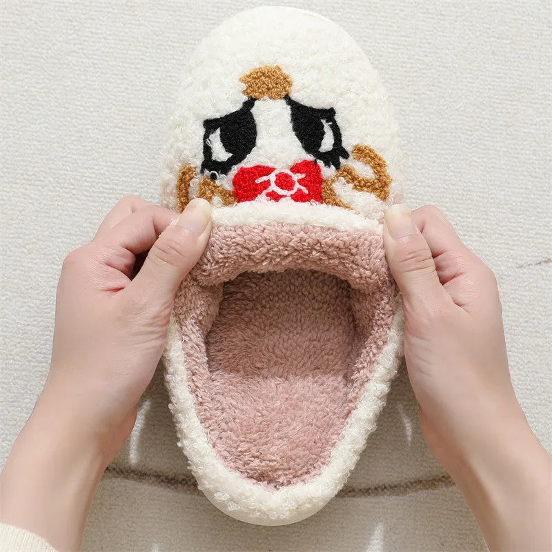 Christmas deer slippers for women, fox pattern, non-slip TPR sole, plush upper, round toe indoor home footwear