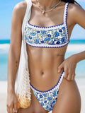 Polyester bikini set in briefs style showing green, peach, blue, and sapphire blue colour options