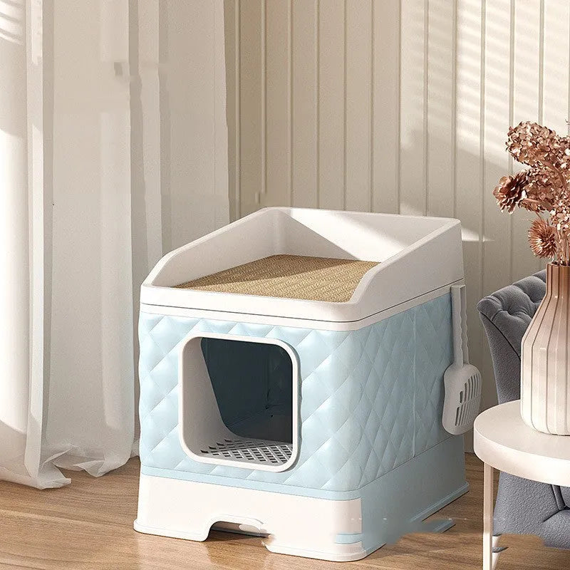 Pet cat nest with removable washable cover and cat scratching board in light blue