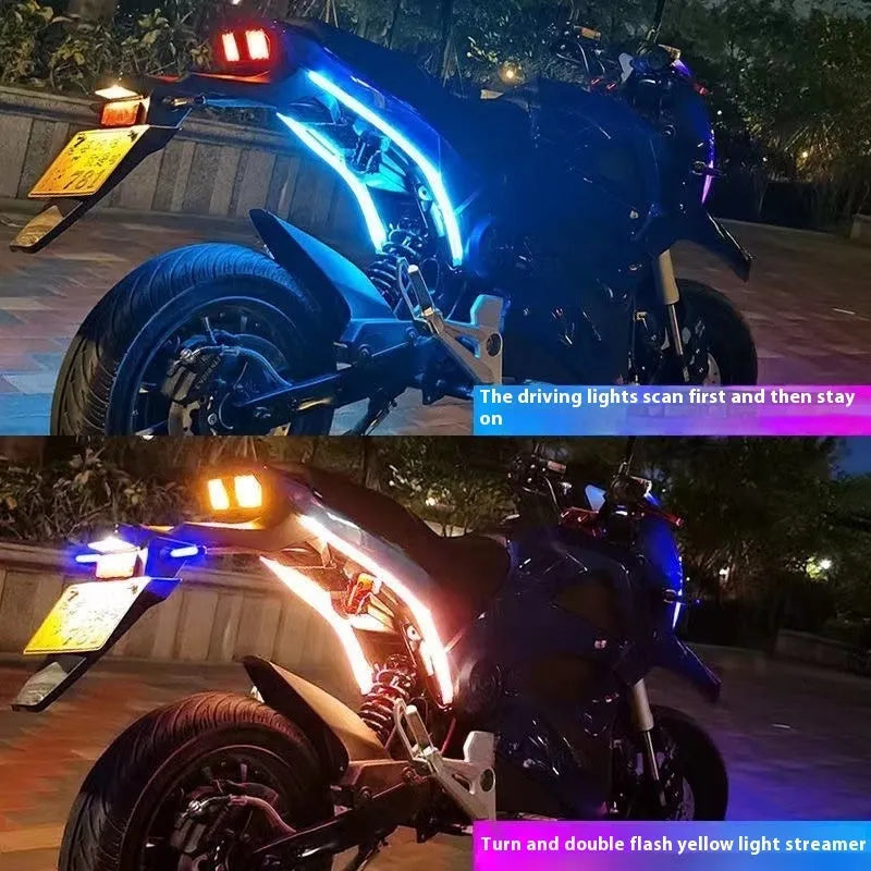 Motorcycle steering column with installed PVC LED strip creating a running water ambience light effect in blue to yellow colours.