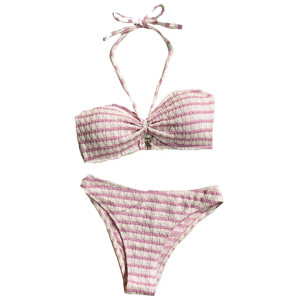 Women's pink and black striped printed bikini swimsuit, briefs style