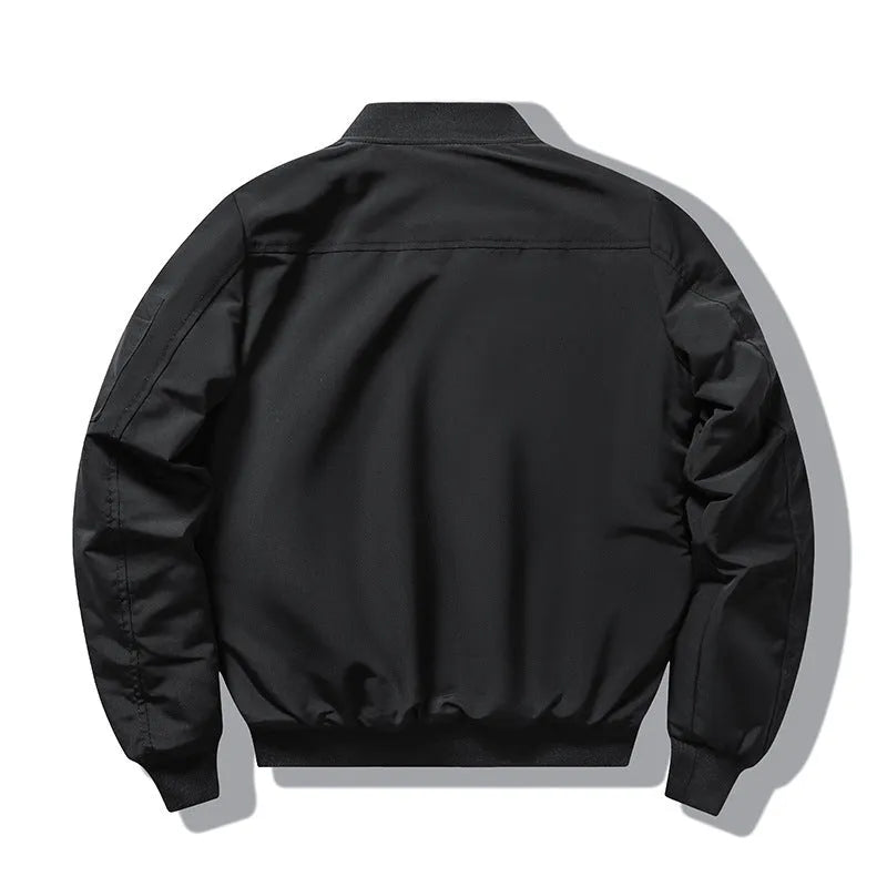Men's slim-fit black retro motorcycle coat with stand collar and patch pockets on a mannequin.
