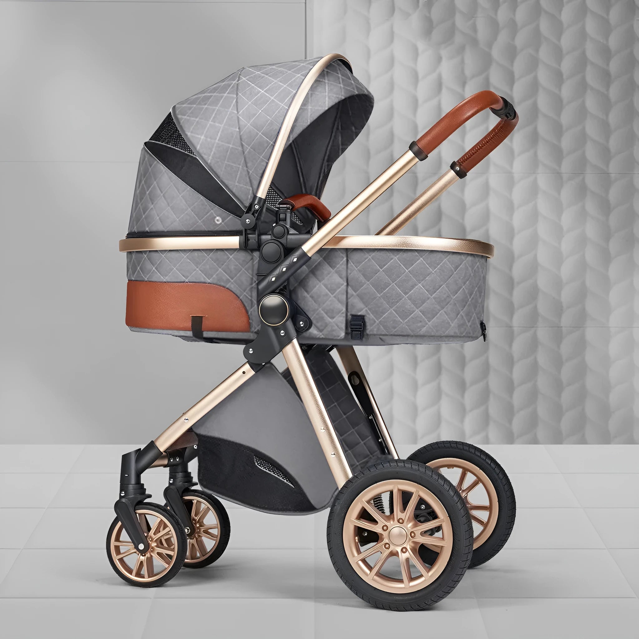 Lightweight folding aluminium alloy baby stroller with two-way shock absorbing seat and 60cm height, compact fold