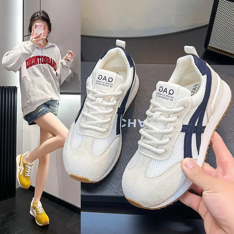Women's white lace-up casual sneakers with non-slip soles and low-top design