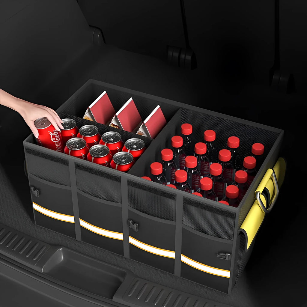 Black and yellow foldable fabric car boot storage organiser bag with a handle.