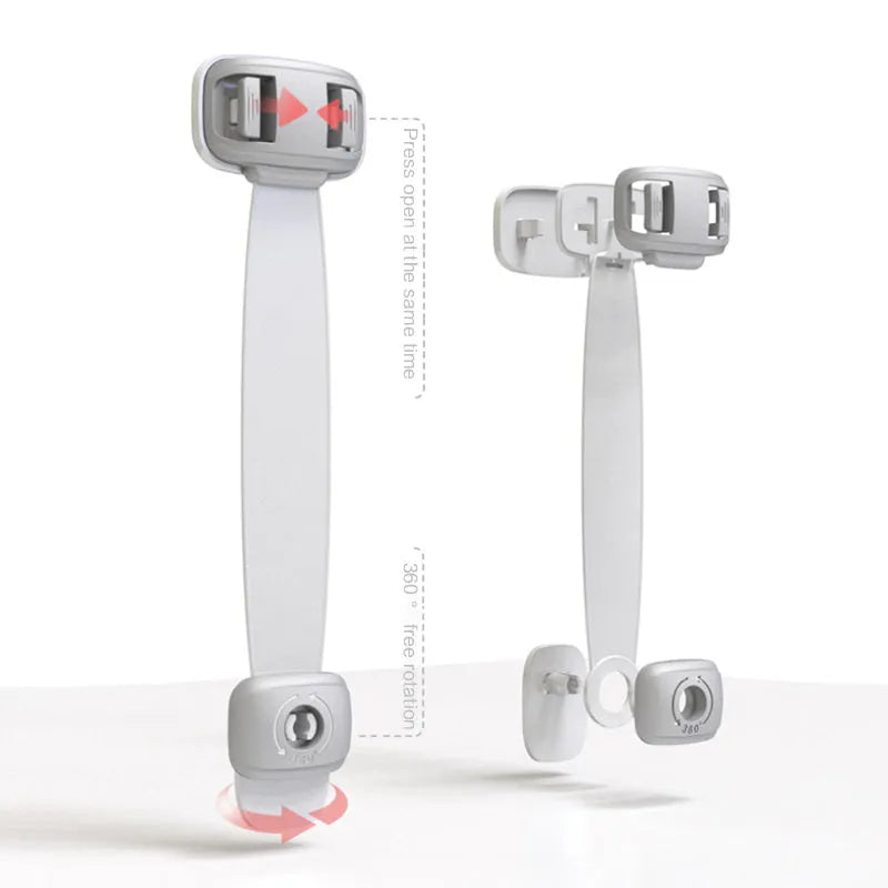 Adjustable child safety cabinet lock strap with 3M adhesive backing in grey colour