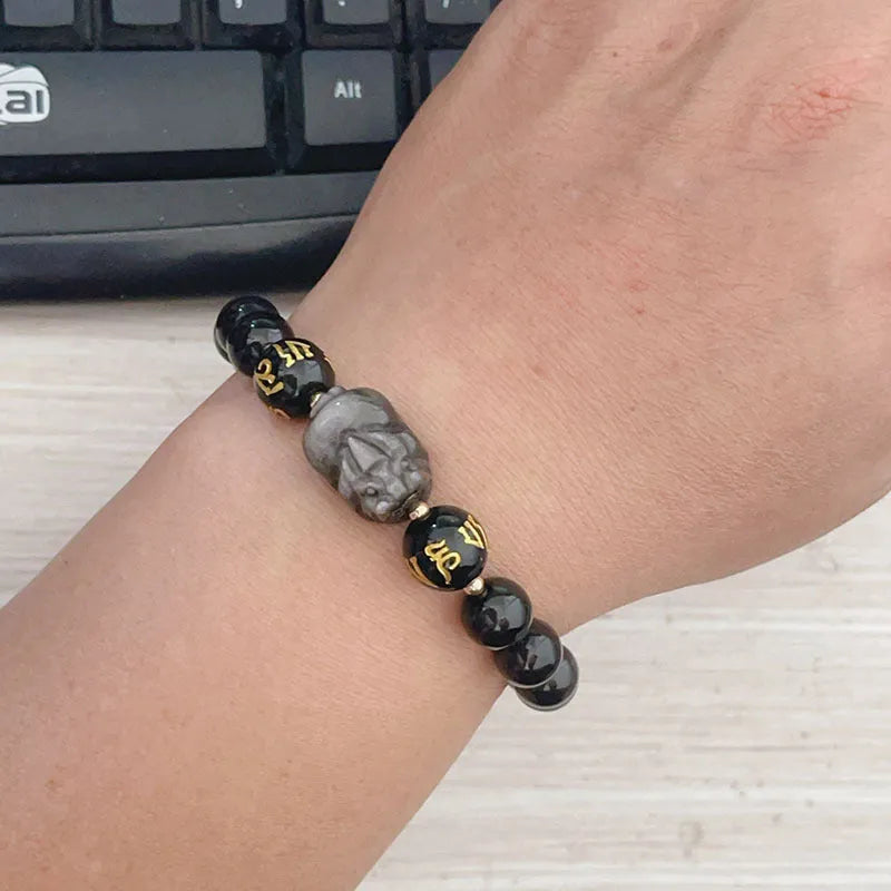Men's silver stone bracelet featuring Chinese zodiac design, anniversary year motif and six-word proverbs bead