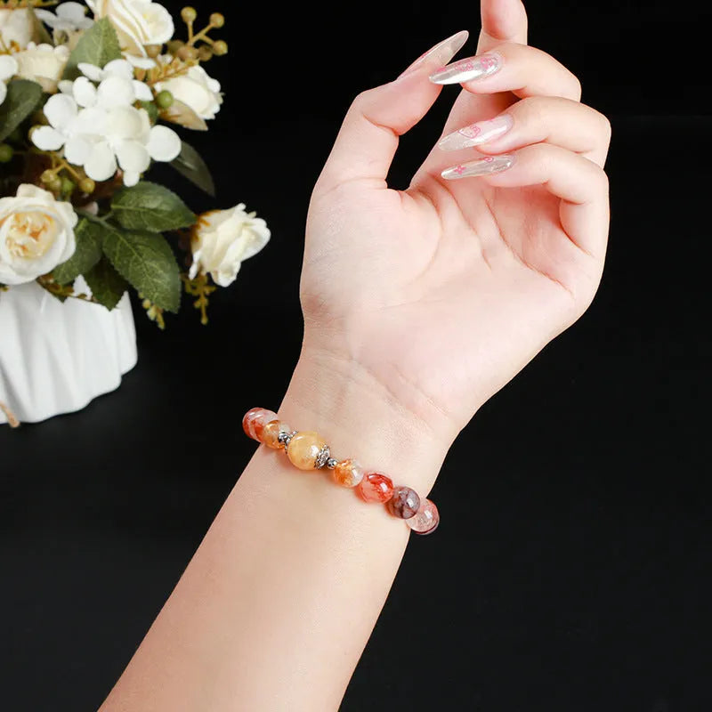 Handmade red sealant flower crystal bracelet with round 10mm citrine lucky beads