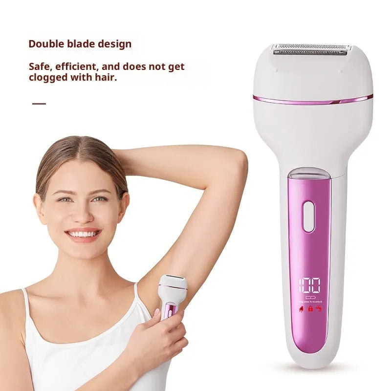 Women's USB-powered 3-in-1 hair removal set with stainless steel blade, gold colour, on white background