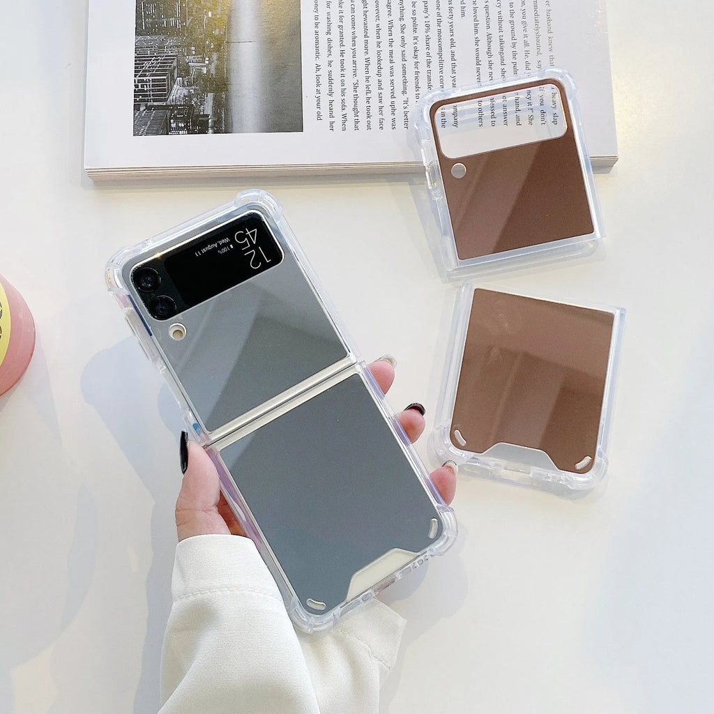 Soft acrylic mirror folding phone case for Samsung Z Flip3 Z Flip4 Z Flip5 in silver, gold, or rose gold