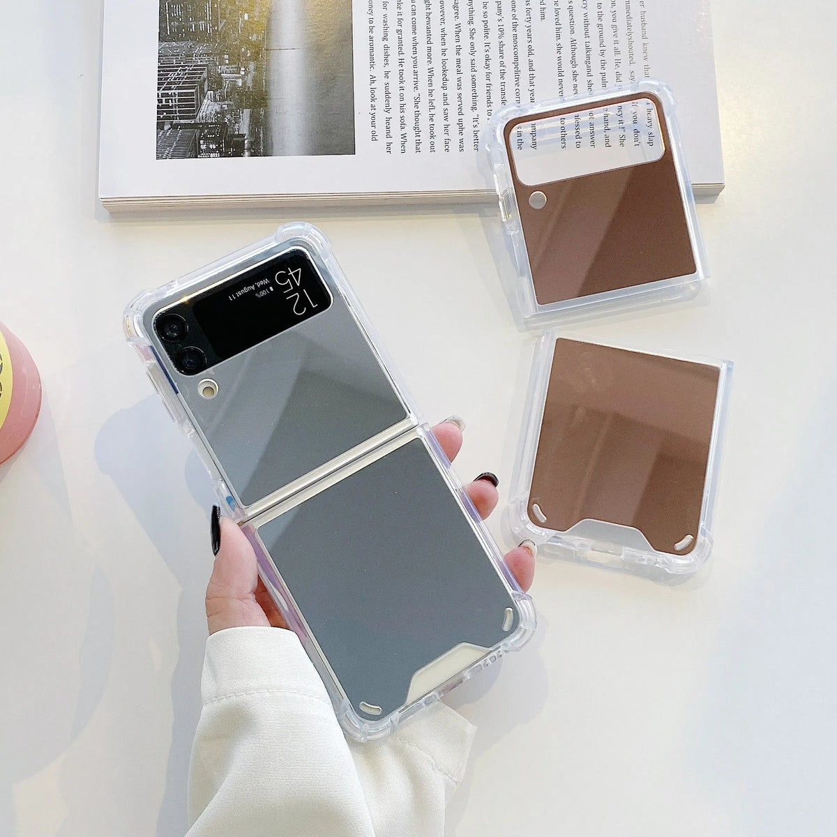 Soft acrylic mirror folding phone case for Samsung Z Flip3 Z Flip4 Z Flip5 in silver, gold, or rose gold