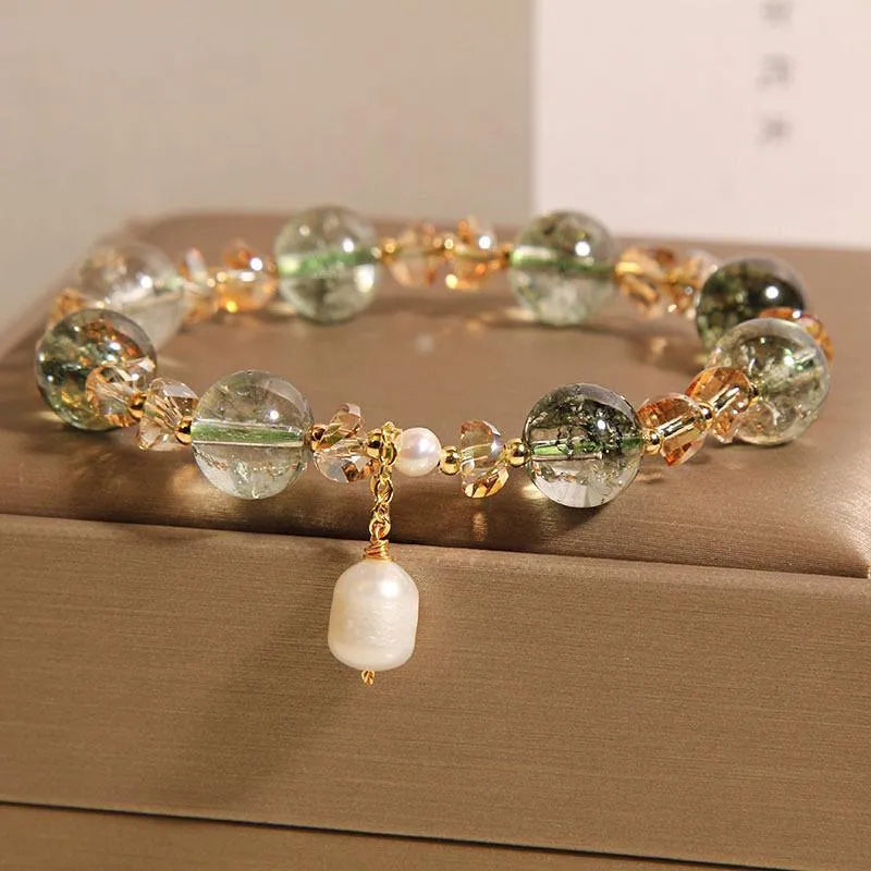 Natural chorite crystal bracelet with champagne quartz and green phantom quartz accents