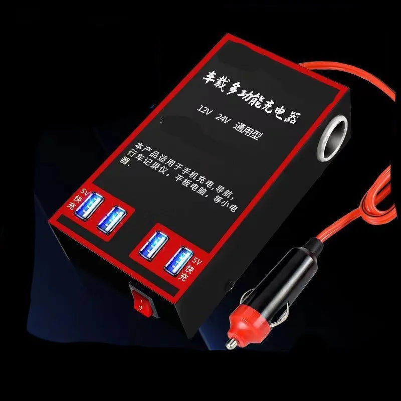 Black automotive power converter transforming 12V/24V vehicle power to 220V with USB charging ports