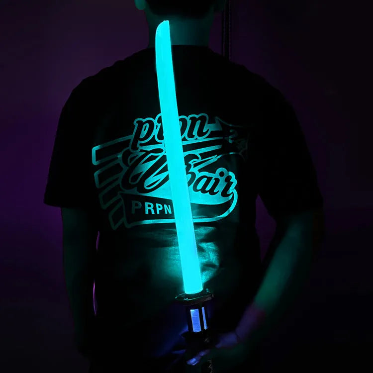 Electric toy sword with seven colour light and vibration, plastic body, dry battery powered