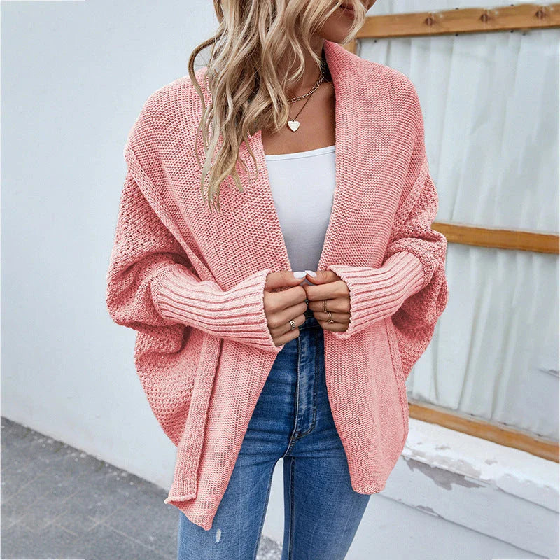 Cozy knit cardigan jacket in various colors with relaxed bat-wing sleeves and large lapel design for women's fall and winter fashion