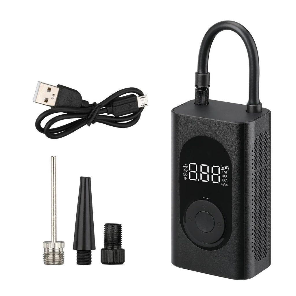 Portable wireless tyre pump with power bank and flashlight functions for multiple vehicles