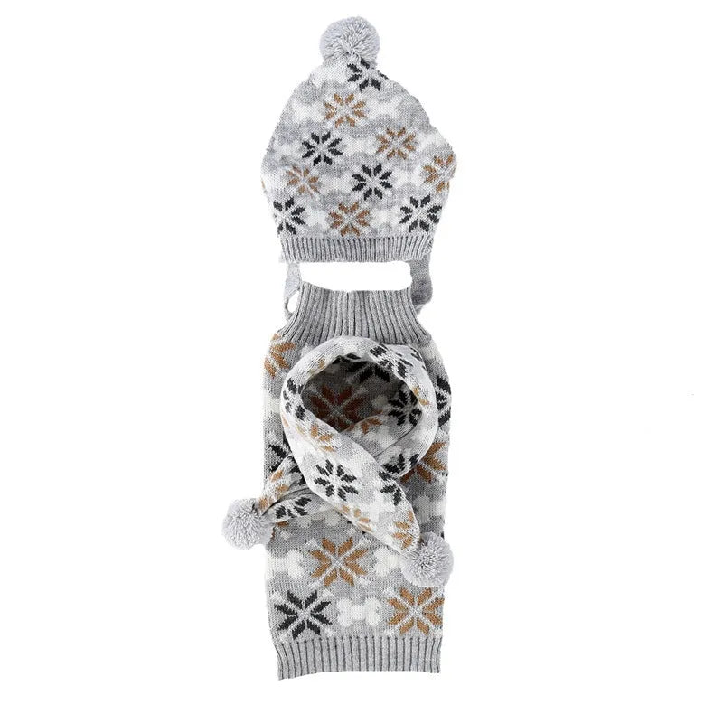 Japanese-style retro jacquard pet clothes set with sweater, scarf, and hat in grey or pink