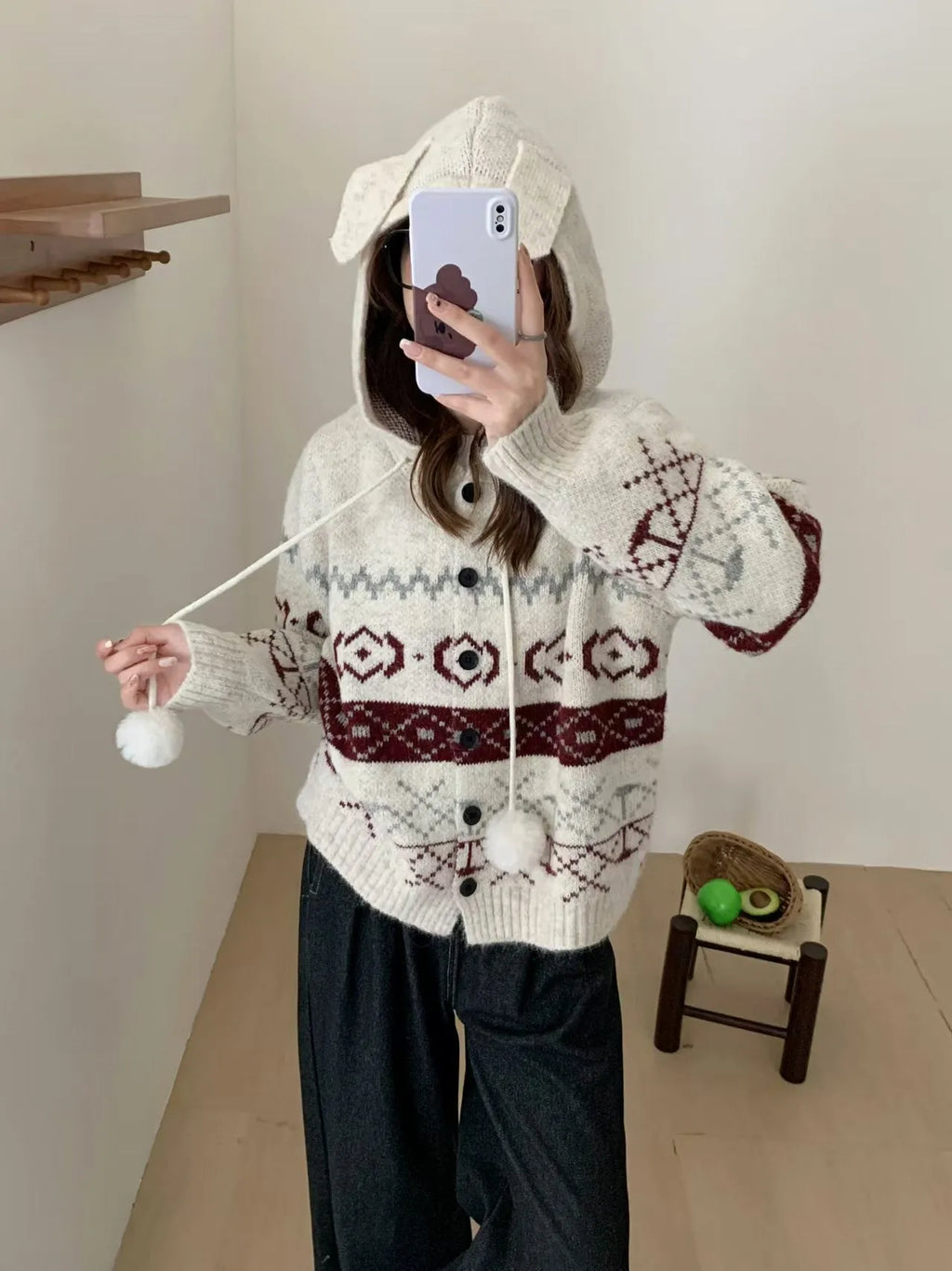 Beige geometric pattern brocade sweater coat for women, loose fit with long sleeves.