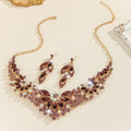 Gold crystal necklace and earrings set with alloy pendant, cross chain, and floral rose and wheat design
