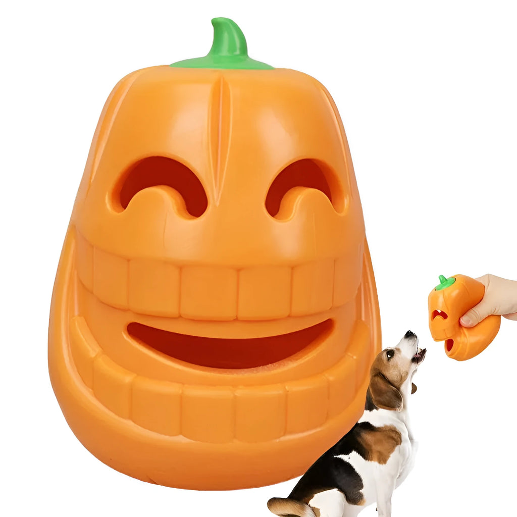 Yellow pumpkin-shaped TPR dog chew toy for aggressive chewers measuring 8.6 x 11.5 cm