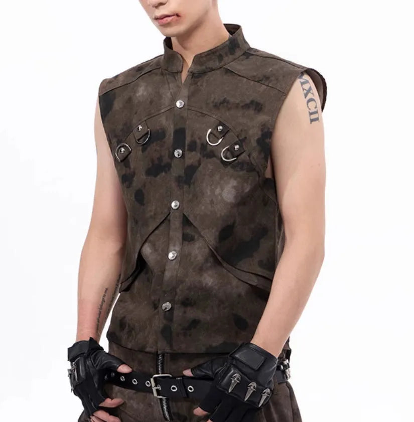 Men's denim vest and camouflage trousers two-piece set with semi-high collar and single-button fastening