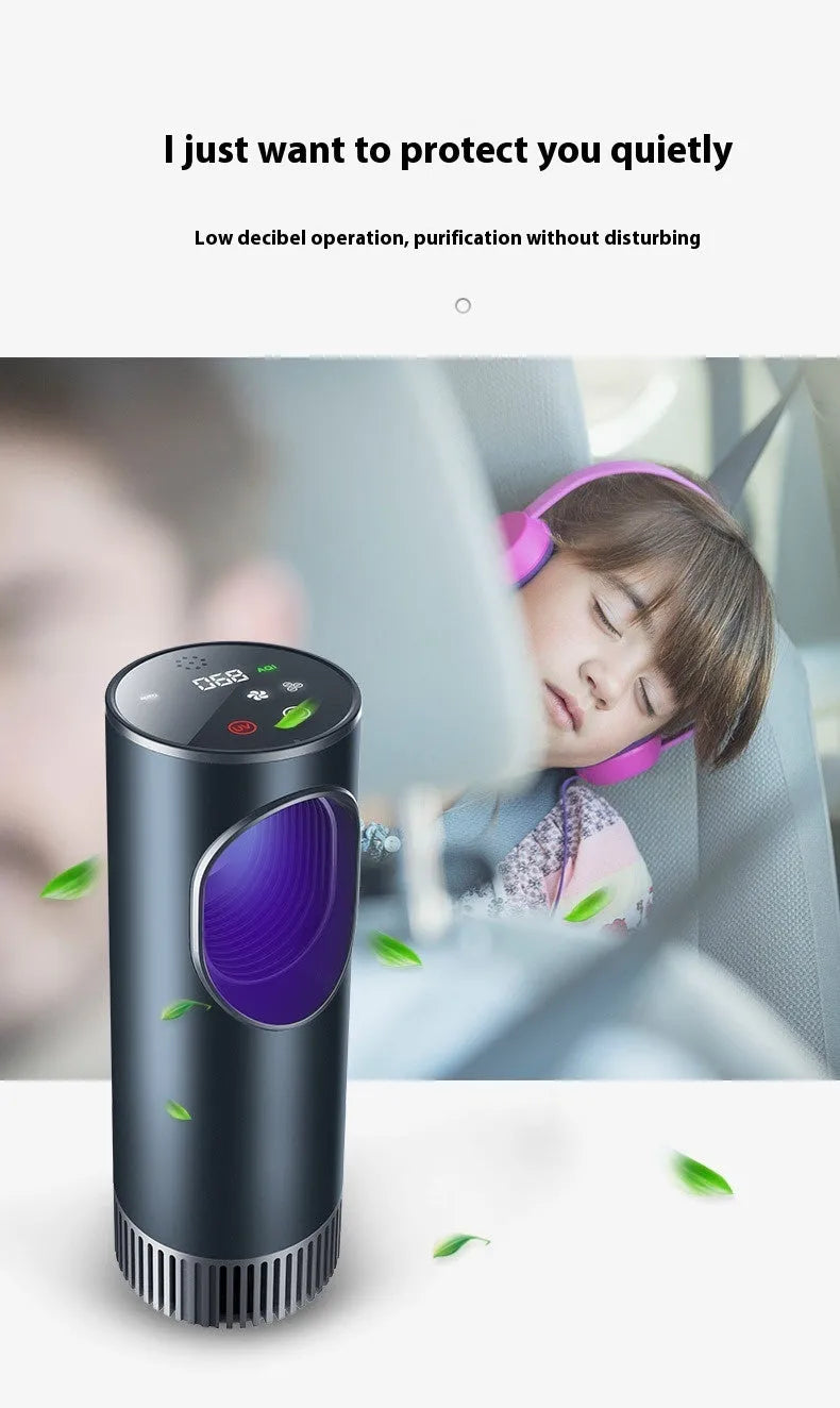 Black compact car air purifier with USB cable for formaldehyde removal and anion generation.