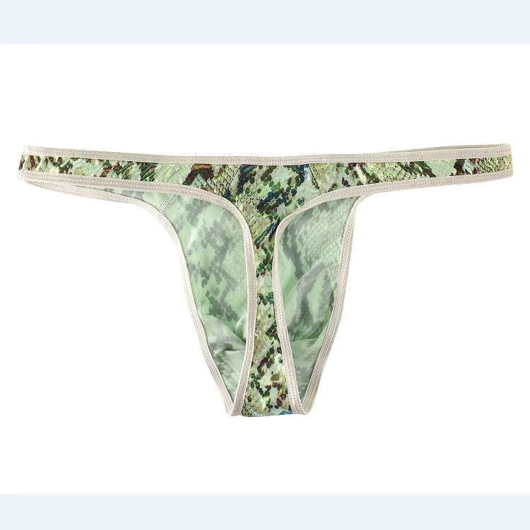 Men's camouflage snake print thong underpants in polyester fabric with low waist design
