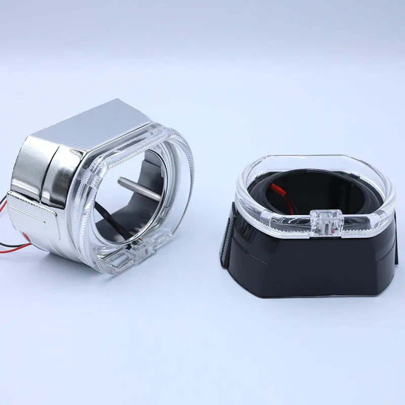 Angel eye LED halo light ring with integrated polymer plastic cover, shown in blue light, for vehicle headlight upgrade.