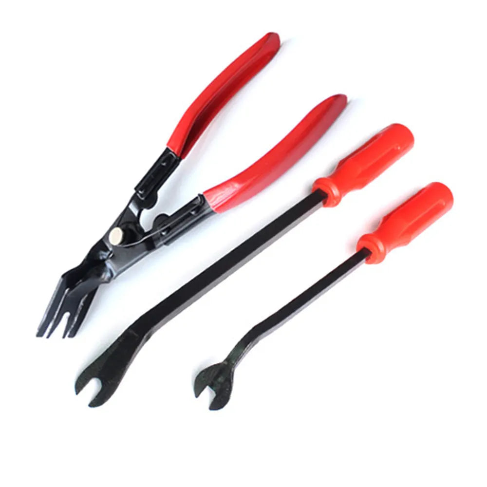 Red handle automotive clip driver tool for GM vehicle door panel installation with light switch pliers