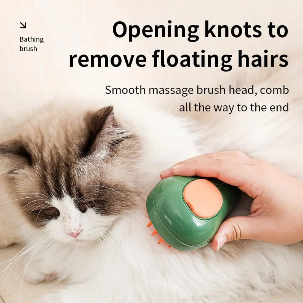 Green and white cat steam brush with silicone teeth, water spray function and compact design