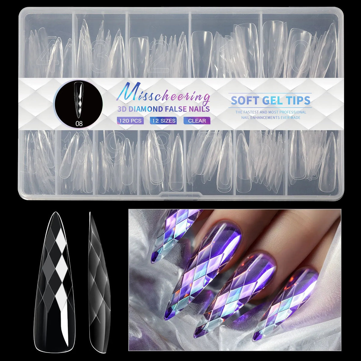 Set of 3D diamond texture long artificial nail tips in various colours from Diamond Nail collections.