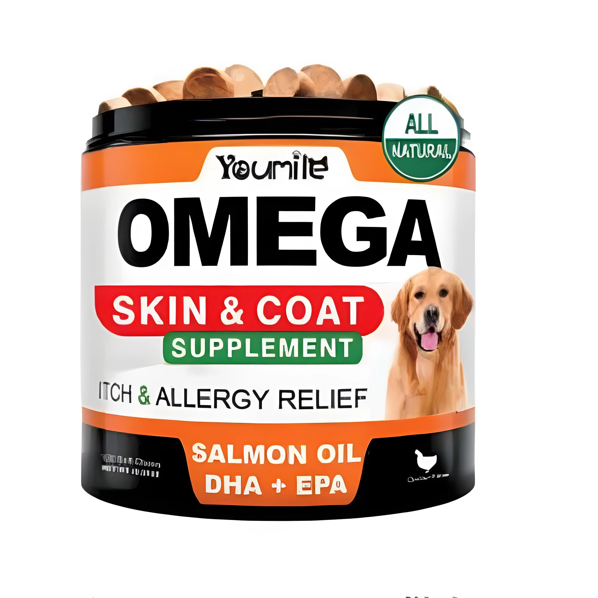 Bottle of 120 fish oil chewing soft gel capsules, a dietary supplement containing omega-3 EPA and DHA