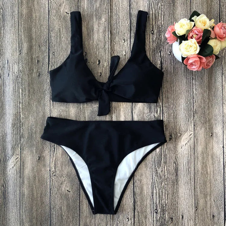 European style solid colour bikini set with bra and panties on white background