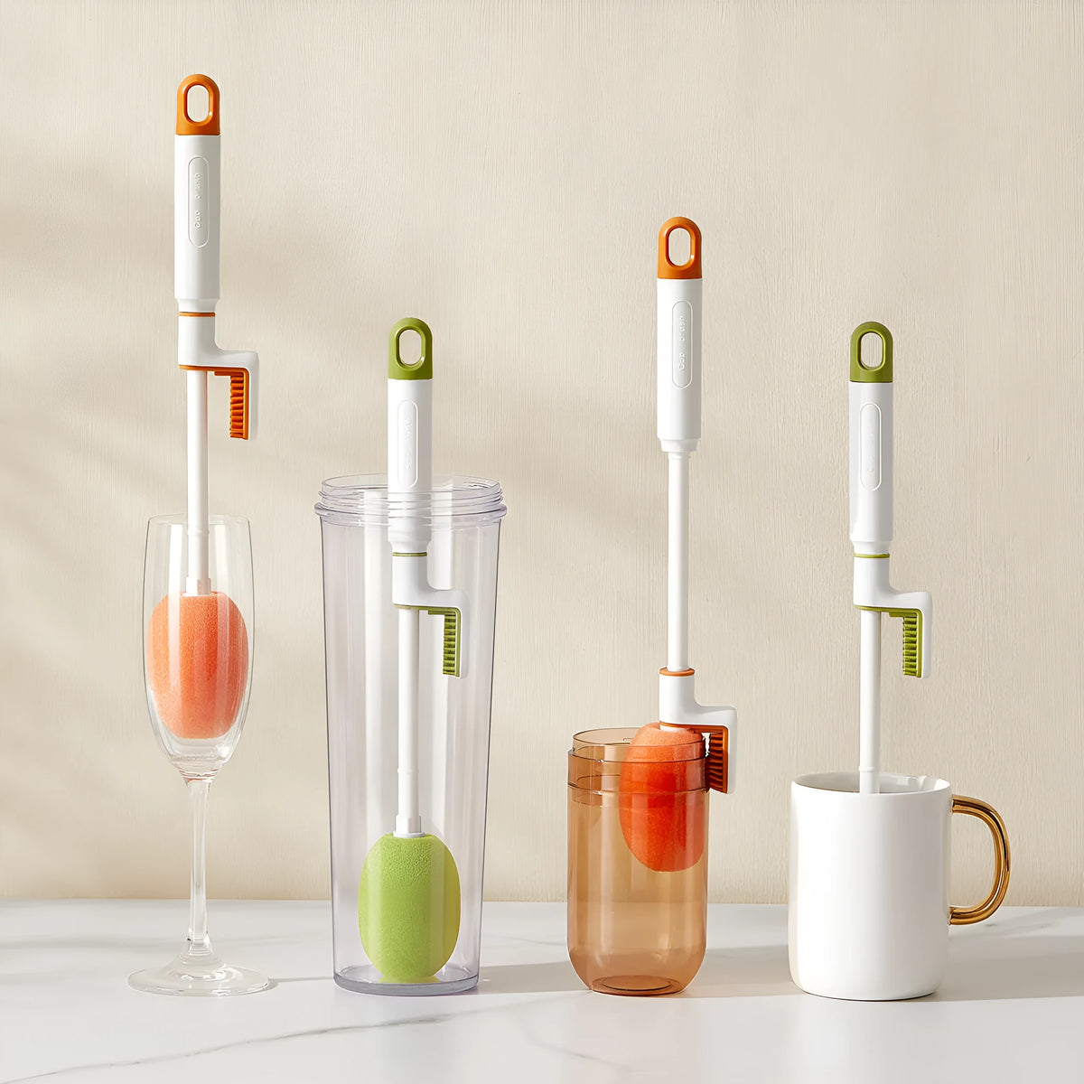Long handle plastic cup brush for bottle cleaning in orange and army green