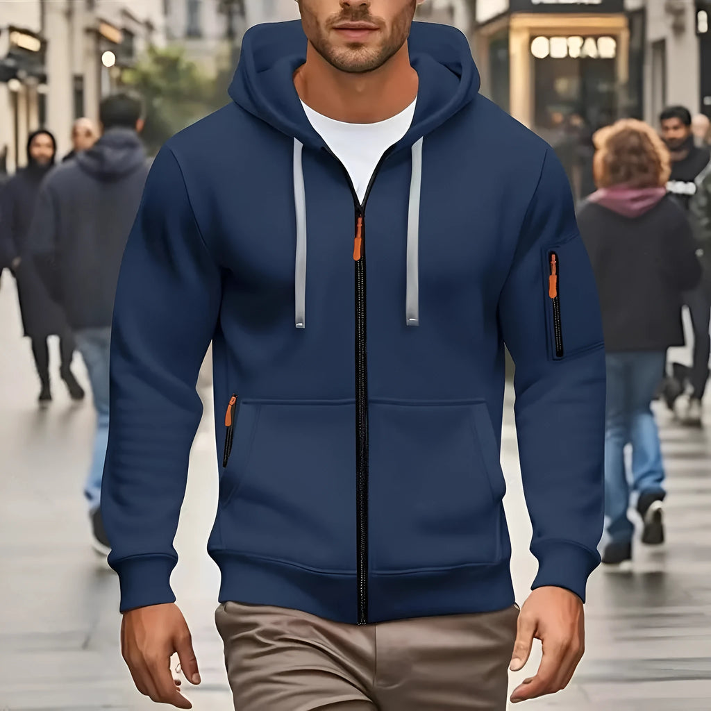 Men's zipper hooded sweatshirt cardigan coat in Army Green colour with wool lining.