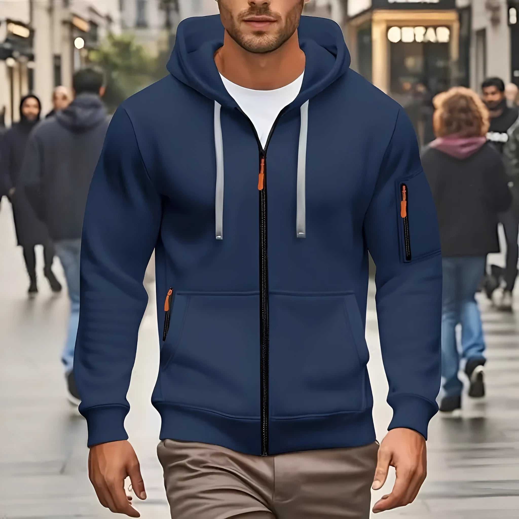 Men's zipper hooded sweatshirt cardigan coat in Army Green colour with wool lining.