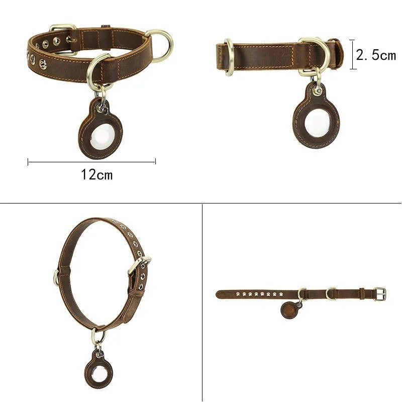Brown retro-style dog collar with genuine cowhide leather and halter positioning system