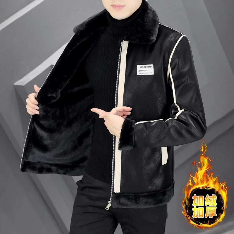 Men's corduroy winter coat with rabbit fur lining and suede leather accents, available in multiple colours and Asian sizes