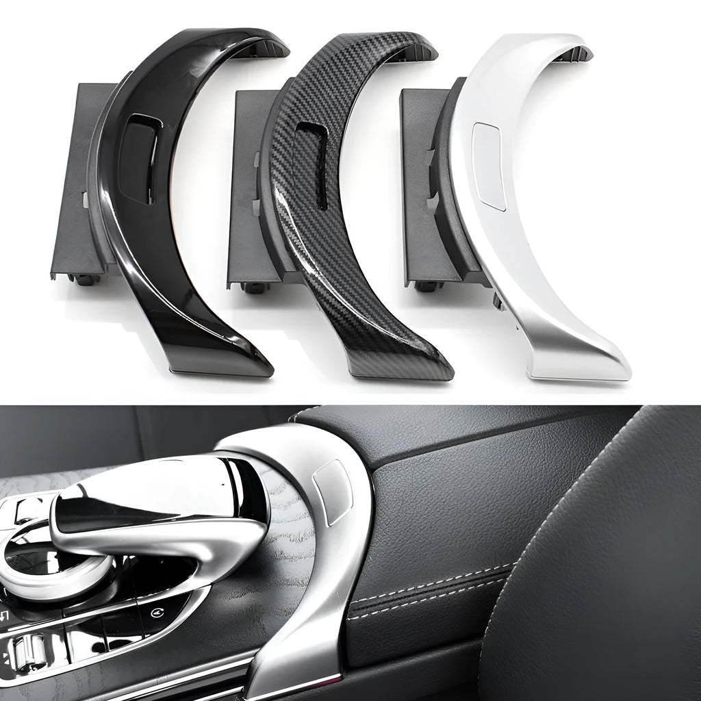 Mercedes-Benz C-Class GLC armrest storage box replacement panel in silver, black, and carbon finishes
