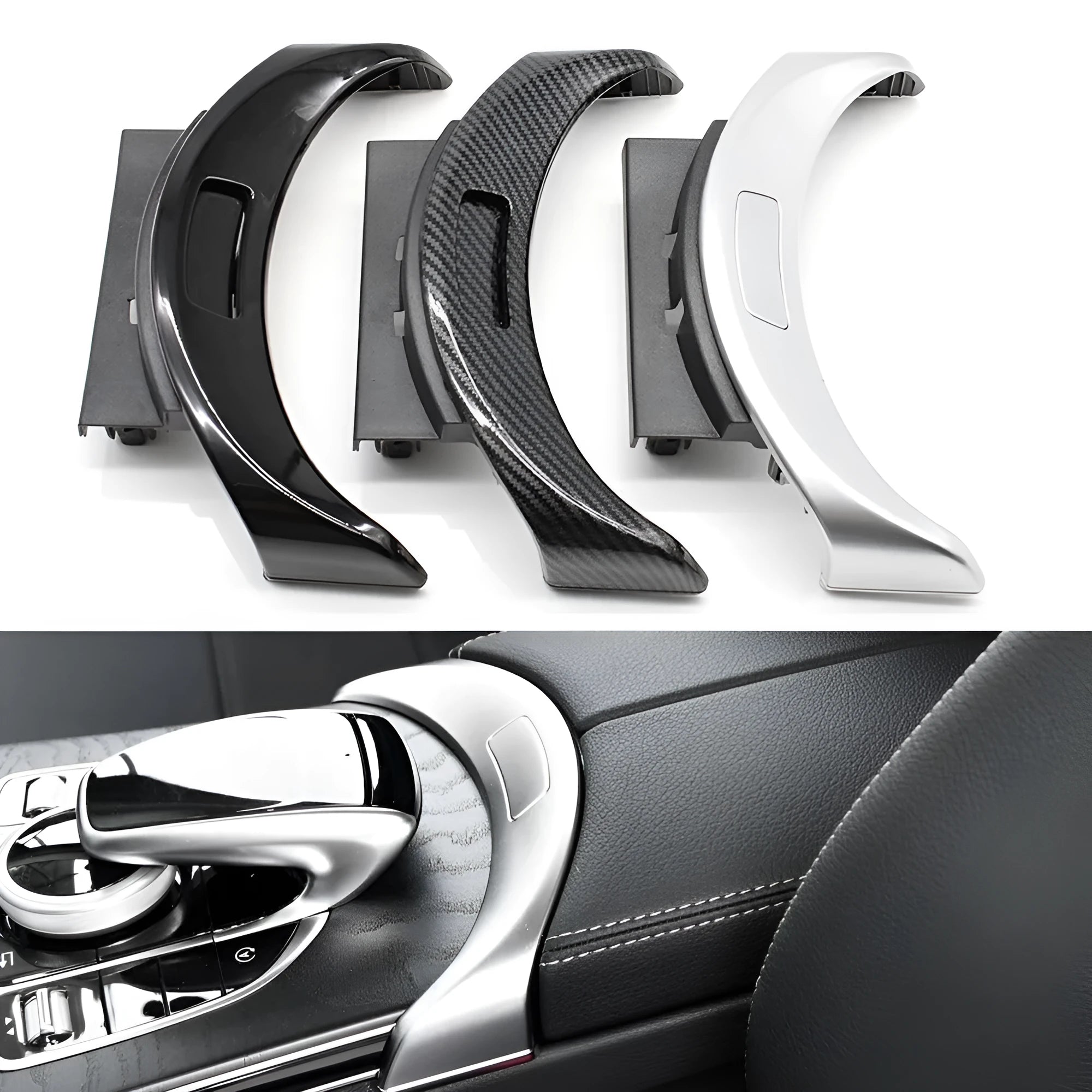 Mercedes-Benz C-Class GLC armrest storage box replacement panel in silver, black, and carbon finishes