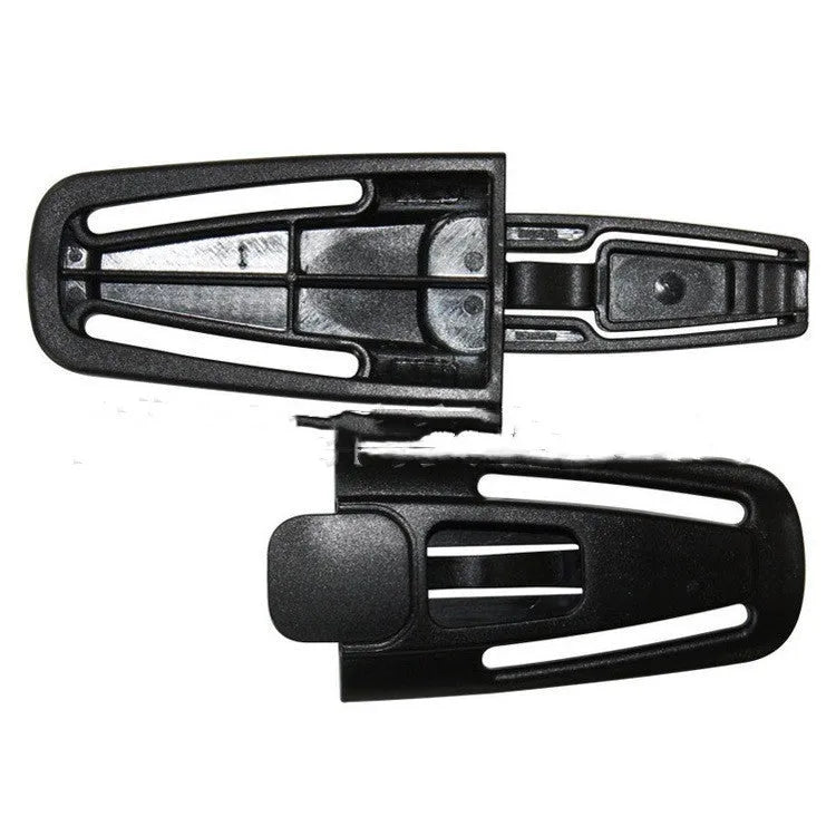 Black nylon seat belt clip for 5-point child car seat harness chest buckle.