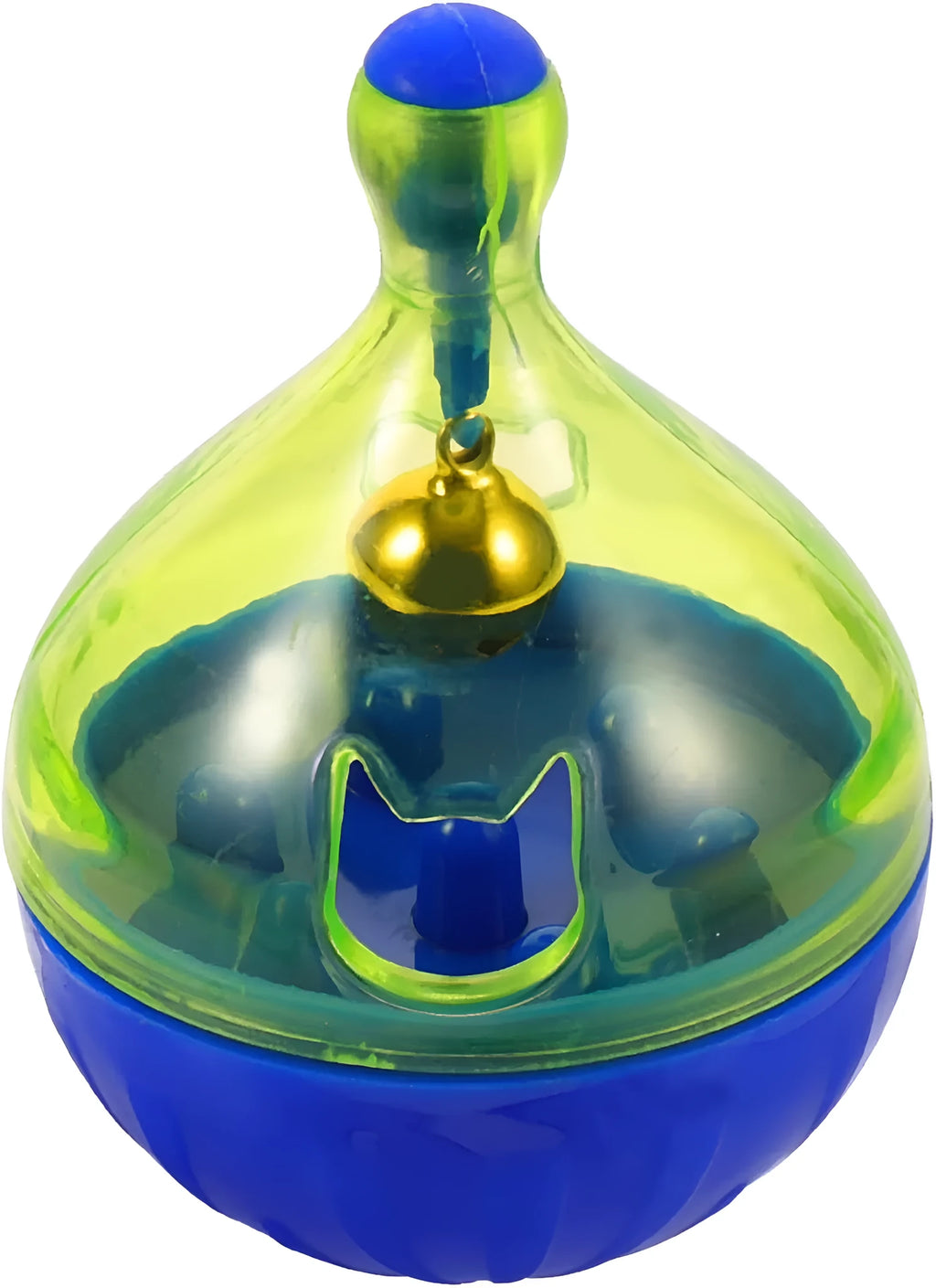 Blue and white tumbler-shaped plastic pet treat dispenser ball on a wooden floor.