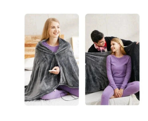 A cozy, grey heated blanket made of soft coral fleece with USB power and adjustable heat settings