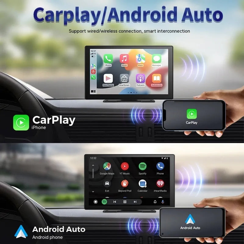 9-inch CarPlay driving recorder with dual lenses for front and rear recording mounted at centre console
