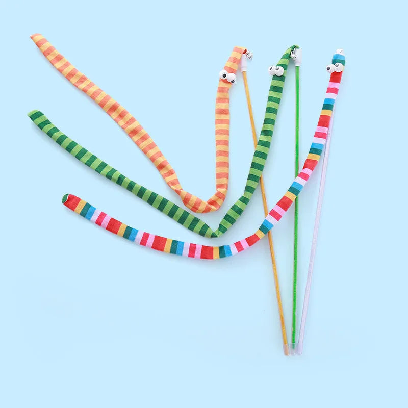 Cat wand toy with colourful plush strip and bell on a polycarbonate pole.