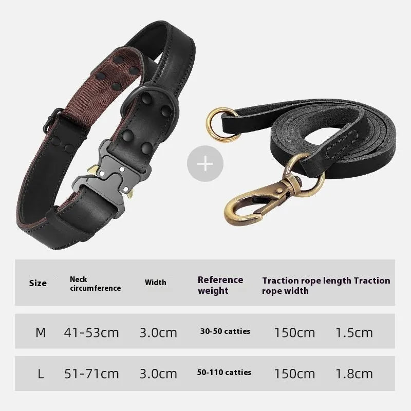 Black leather dog collar with matching explosion-proof pulling rope for large breeds
