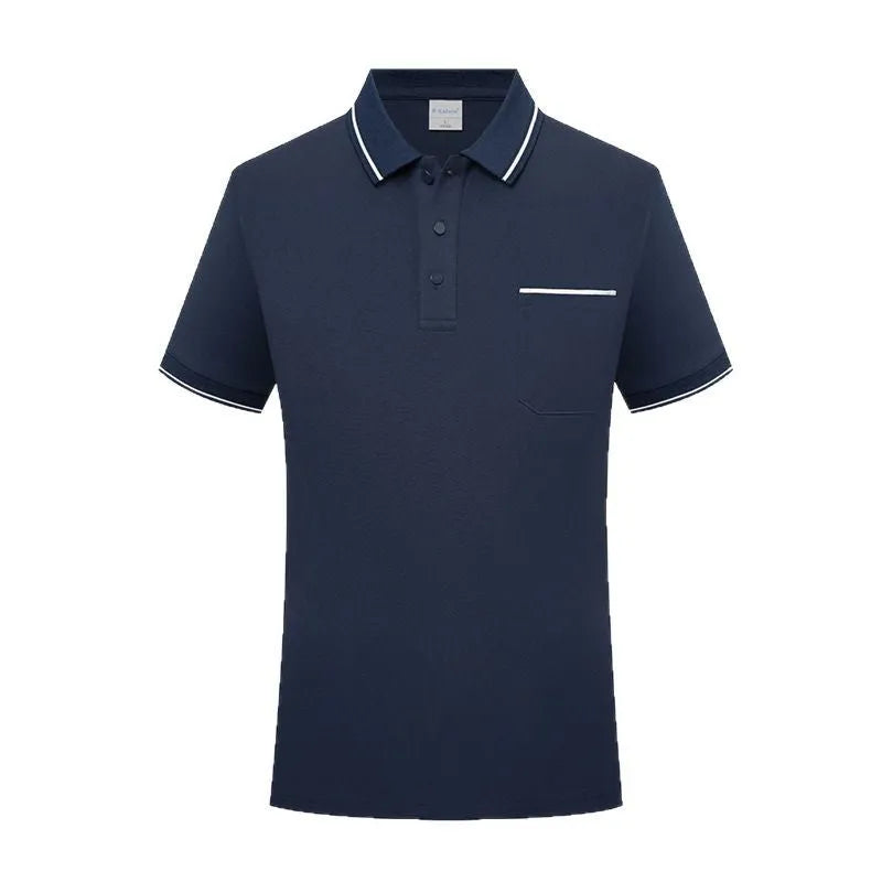 Men's apricot lapel short sleeve polo shirt with a chest pocket.
