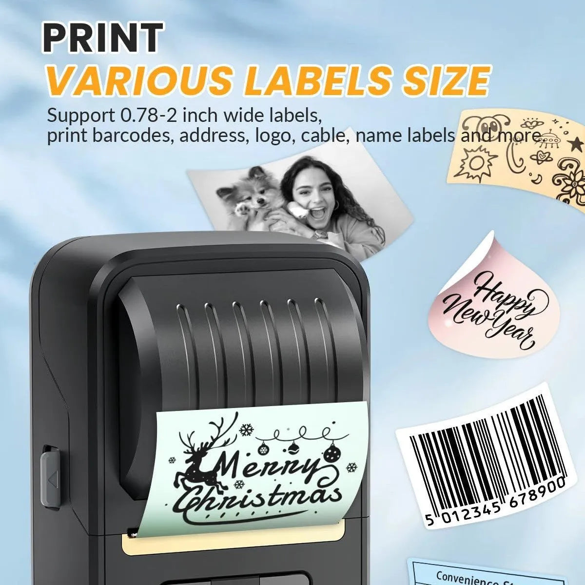 Black Bluetooth thermal label printer with 203DPI, 2000mAh battery, and 1 roll of 40x30mm labels