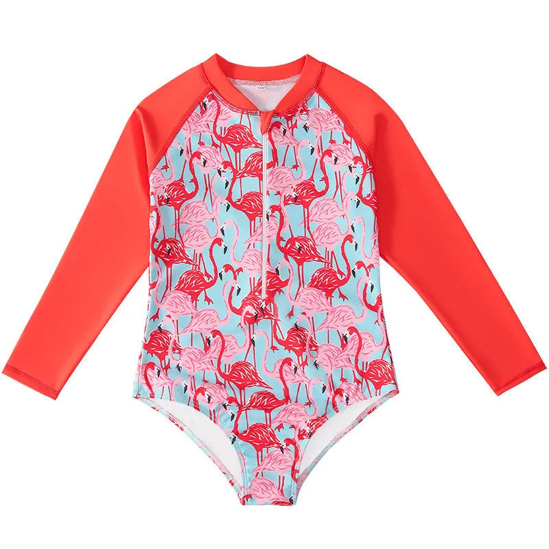 Girl's long-sleeve one-piece swimming suit in a bright colour, showing the full briefs-style design.