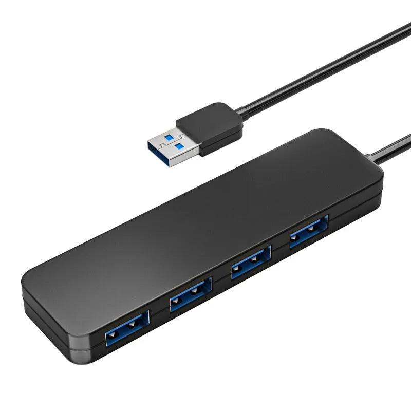 Black USB 3.0 hub with 4 ports, a 30cm cable, and LED activity indicators.